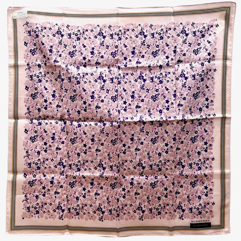 New W/Tag Burberry   Miniscarf/handker 20"" Lavender Flora with Black Trim (72) - Picture 7 of 11